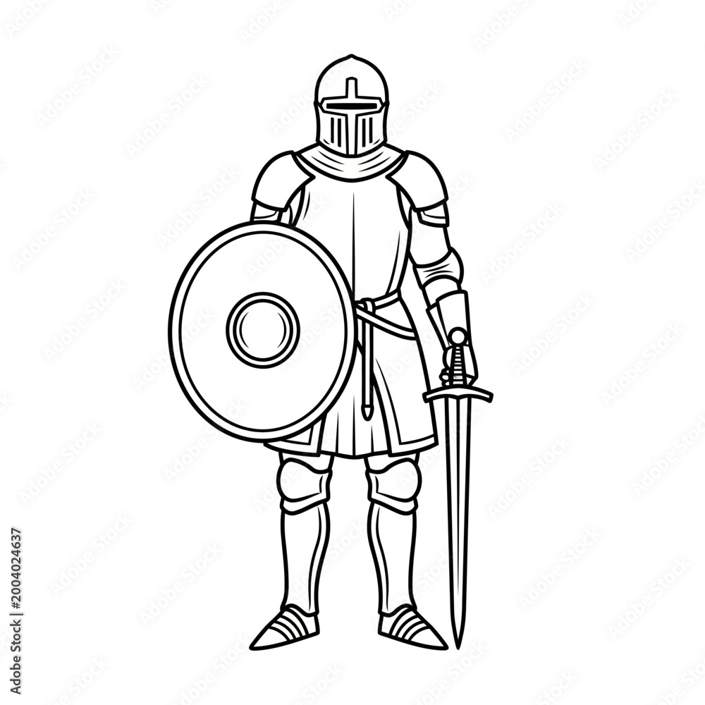 Naklejka premium Medieval Knight in Full Armor with Sword and Shield, Warrior Silhouette