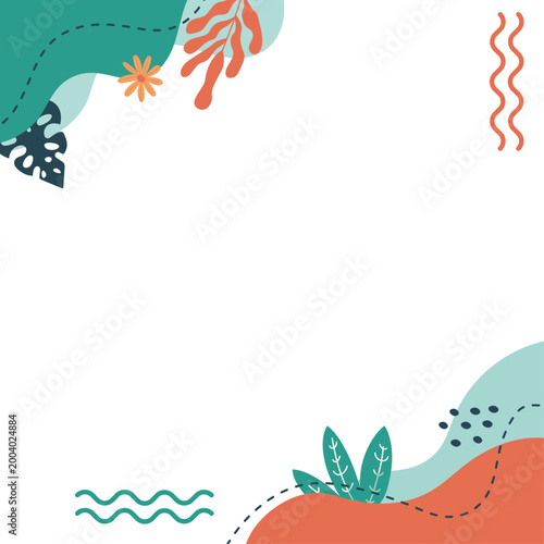 Fond estival tropical avec formes organiques, feuillage stylisé et espace texte. Design moderne idéal pour réseaux sociaux, affiches et visuels marketing - Décoration légère et minimaliste moderne.