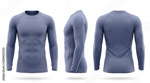 Blue long sleeve compression shirt 3D render mockup showing front side and back views isolated on white background