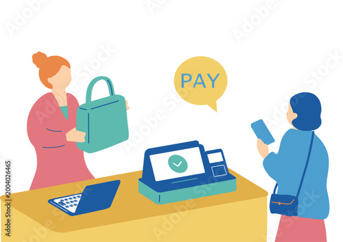 スマホ決済で買い物する女性