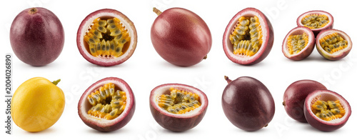Collection of whole and sliced passion fruit showing seeds and pulp isolated on white background