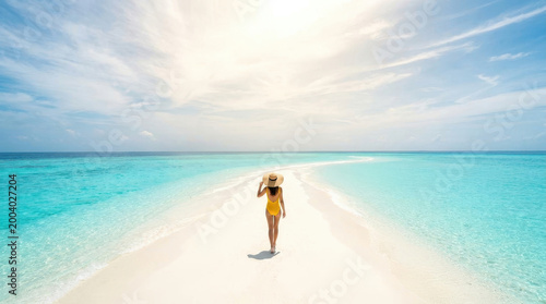 Luxury tropical beach resort offers perfect summer vacation with clear turquoise water and white sand under bright sky for ideal tourism and relaxation