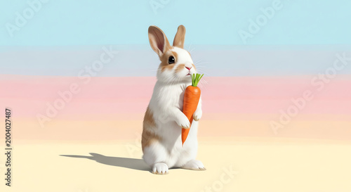 Rabbit holding carrot on colorful background