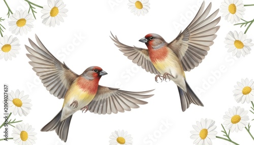 Two Finches in Flight Surrounded by Daisies: Two charming finches with red heads and wings outstretched in flight, surrounded by delicate white daisies and green stems.