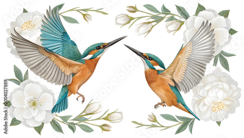 Kingfisher Pair and Floral: A pair of kingfishers with brilliant blue and orange plumage gracefully flank a delicate arrangement of white blossom and verdant foliage.