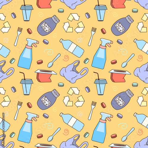 Plastic waste recycling and sorting seamless pattern