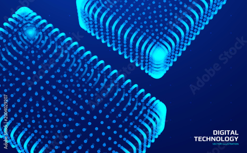 Two digital blocks composed of glowing dots creating a wireframe grid. Industrial style. Modeling. Technological background for a brochure, poster, cover, or postcard. 3D vector illustration.