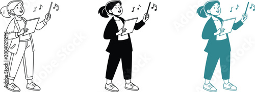 Music teacher woman holding folder and conducting stick vector line art graphic set.