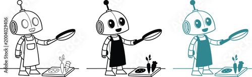 Robot chef cooking with frying pan, vegetables, ai culinary, black white and color.