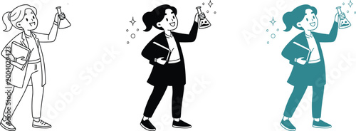 Scientist woman holding laboratory glass flask and folder vector line art graphic set.