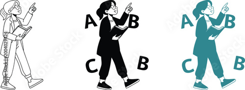 Smart student character pointing at alphabet letters holding book for study illustration.