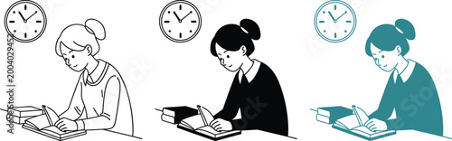 Student girl studying with open books at desk under clock showing time in school library.