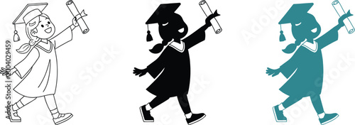 Student girl walking and holding diploma in graduation gown on transparent background set.