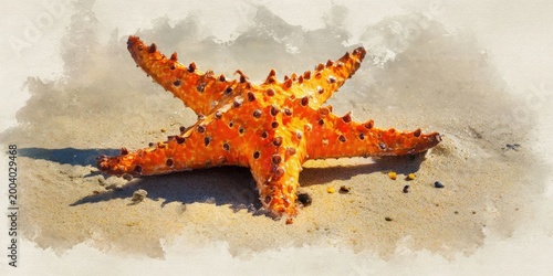 Watercolor Illustration of Spiky Orange Starfish on Sandy Beach Tidepool
