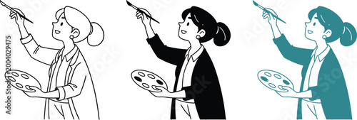 Woman artist holding palette and paint brush wearing casual clothes line art illustration.
