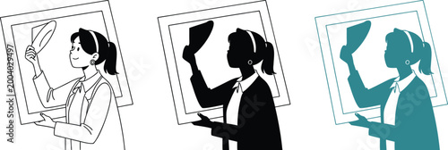 Woman holding blank picture frame illustration graphic art in various artistic styles set.