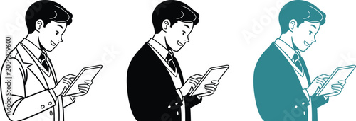 Young businessman character with tablet vector illustration on isolated background.