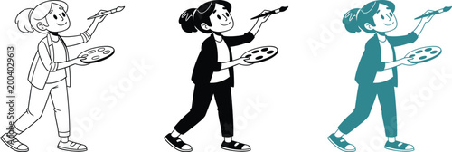 Young girl artist painting with palette and brush in three different illustration styles.