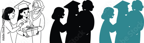 Young graduate receiving gift from family members on transparent background set for design.