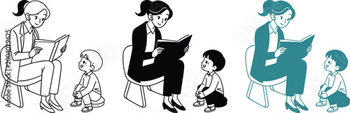 Woman teacher reading book to child student sitting on chair during educational session.