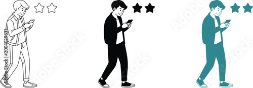 Young man character walking and using smartphone with stars above.