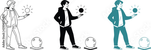 Young man character holding sun in hand and looking at magic sphere.