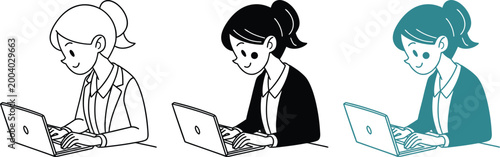 Young woman working on laptop computer while sitting at desk in various graphic styles.