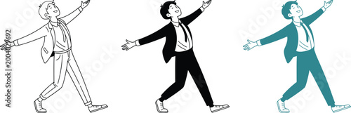 Business man celebrate success pose with open arms in line art silhouette and color style.