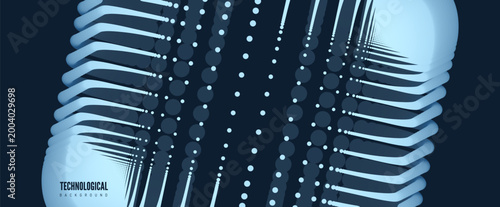 A multitude of dynamic blue dots on a black background create a blocky form. Pulsating electrical energy in multilayered movement. Industrial style for digital projects. 3D vector for design.