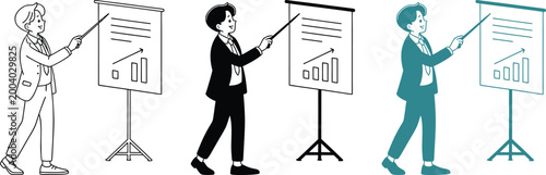 Businessman presenting growth chart on board in three different vector art style designs.