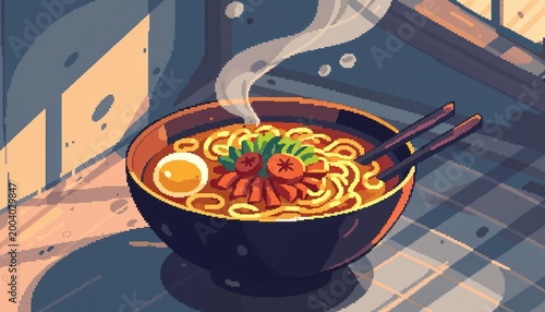 Pixel art bowl of ramen with steam, egg, and vegetables on a cozy background