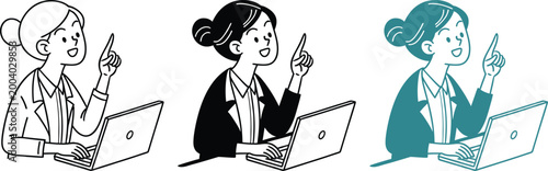 Businesswoman using laptop computer and pointing finger during virtual team consultation.