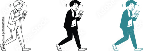 Businessman walking and using mobile phone for communication and social media networking.