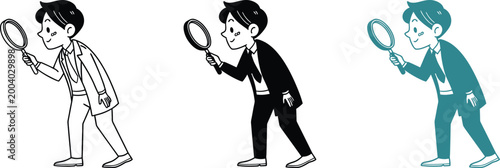 Curious businessman looking through magnifying glass for research and investigation icons.