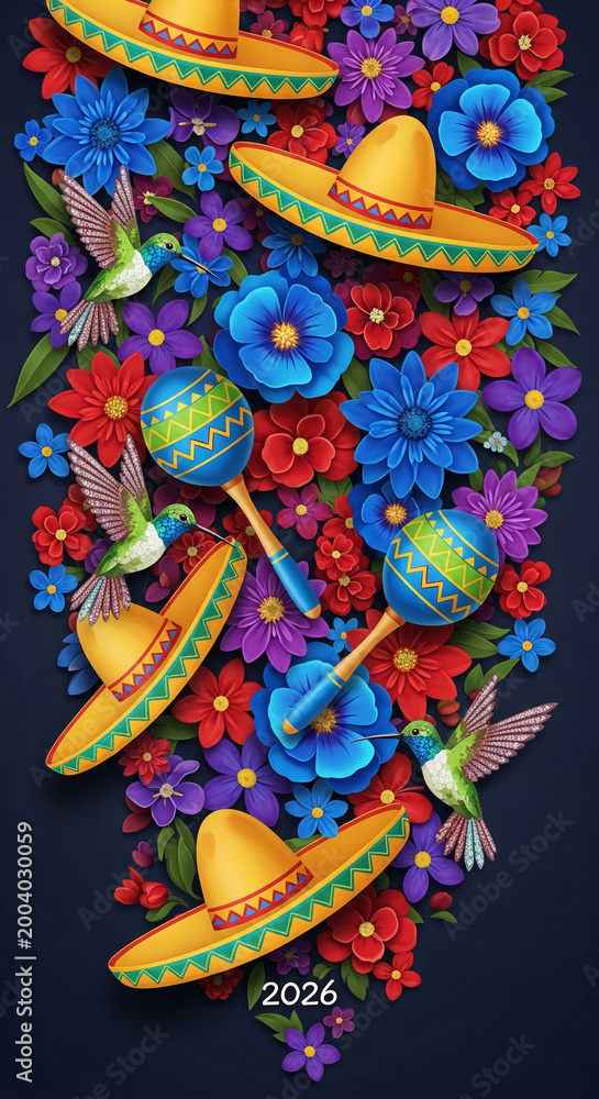 Fototapeta premium Vibrant Mexican celebration with sombrero, maracas, hummingbirds, and colorful flowers, symbolizing culture, festivity, and joy
