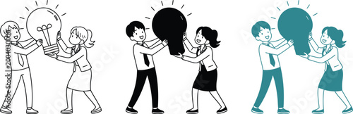 Man and woman holding big light bulb illustration set for team brainstorming and ideas.
