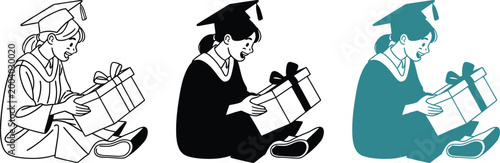 Happy student sitting and opening gift box on transparent background set for graduation.