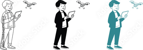 Man character using tablet to control drone flying in sky vector illustration.