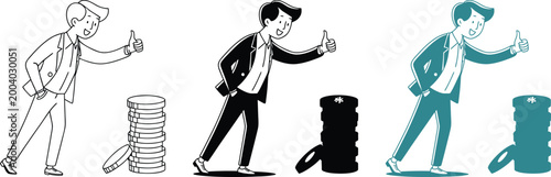 Man giving thumbs up with stack of coins showing financial success and investment.