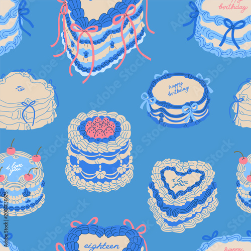 Birthday cakes, seamless pattern design. Holiday cream desserts, repeating pr...