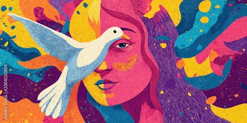 Modern Abstract Groovy Poster Featuring Dove of Peace and Female Figure in Vibrant Colors