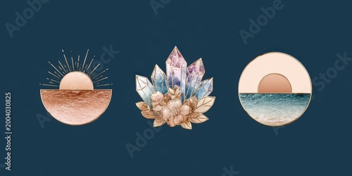 Modern Abstract Logo Template Featuring Female, Sunset, Ocean, Moon, Crystals, and Arches for Travel and Accommodation Services