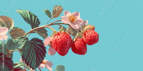 Modern Botanical Abstract Art Poster with Strawberries and Hand-Drawn Flowers