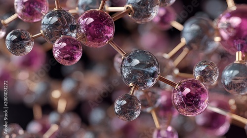A close-up view of a molecular structure model with pink and gray spheres connected by gold rods