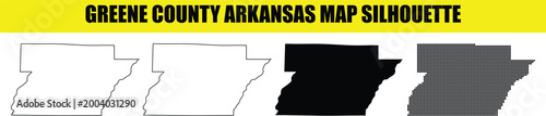 Greene county arkansas map silhouette design set featuring simple outline solid black shape and digital dot grid pattern.