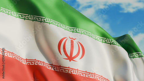 Fotografie Iranian flag waving in wind close up, against the background of the sky with clo