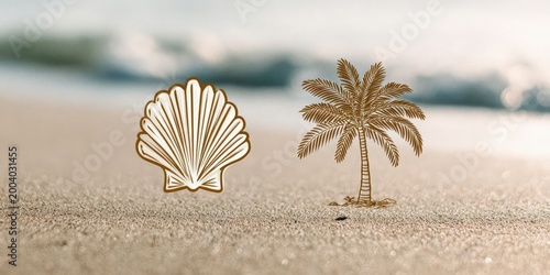 Modern Minimal Summer Logo Template with Sea Shell and Palm Tree Icons for Travel and Hospitality