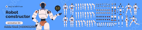 Android robot constructor set. Bot body parts, elements, poses, components, animation kit. AI assistant, electronic cyborg character, humanoid, chatbot mascot construction. Flat vector illustration