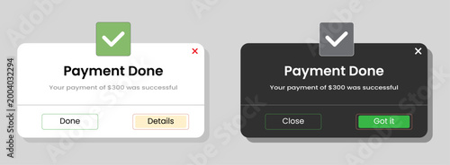 Digital payment confirmation popup, successful transaction alert with details and options. Light and dark theme variations. User interface element.