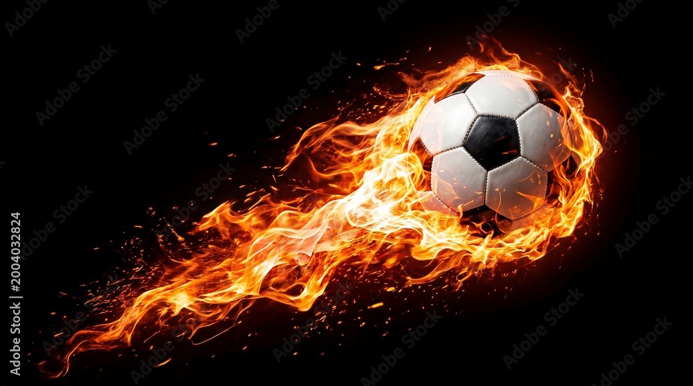 Naklejka premium Explosive fire soccer ball action sports field digital art dramatic lighting close-up view energy and passion unleashed